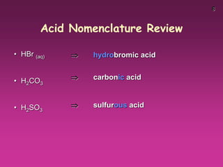 8
• HBr (aq)
• H2CO3
• H2SO3
 hydrobromic acid
 carbonic acid
 sulfurous acid
Acid Nomenclature Review
 
