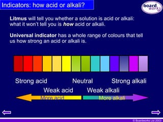 © Boardworks Ltd 2003
Indicators: how acid or alkali?
Litmus will tell you whether a solution is acid or alkali:
what it won’t tell you is how
how acid or alkali.
Universal indicator has a whole range of colours that tell
us how strong an acid or alkali is.
Strong acid Neutral Strong alkali
Weak acid Weak alkali
More alkali
More acid
 