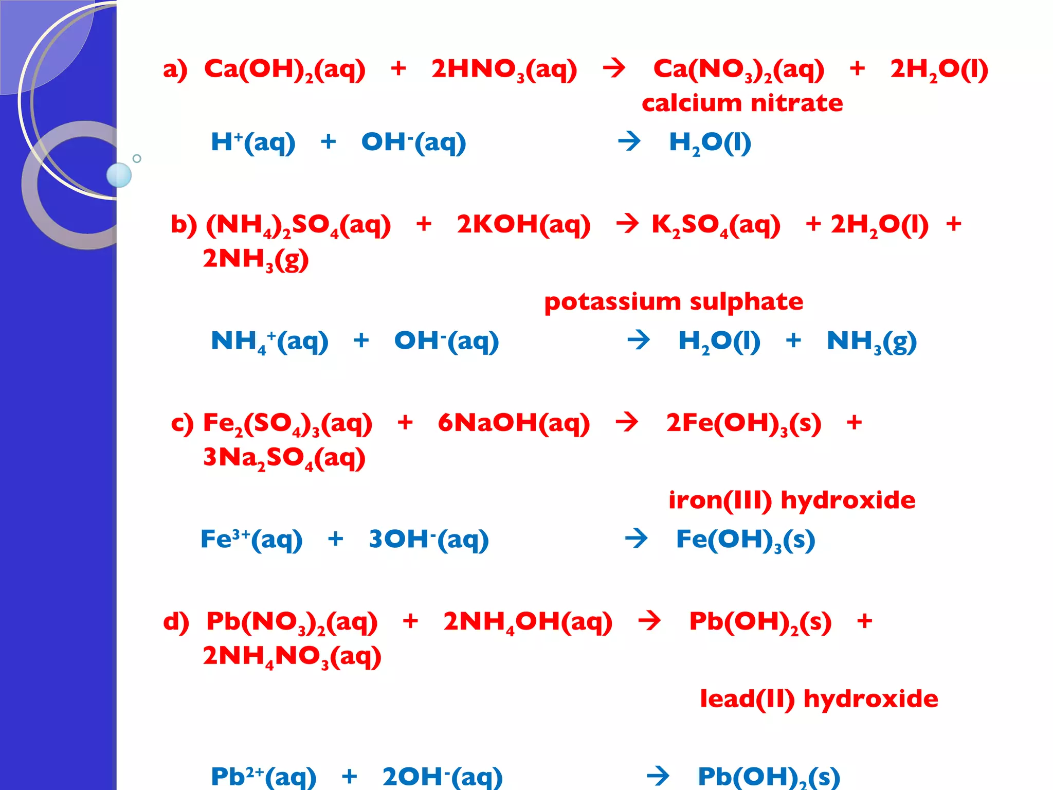 a)  Ca(OH) 2 (aq)  +  2HNO 3 (aq)     Ca(NO 3 ) 2 (aq)  +  2H 2 O(l)   calcium nitrate H + (aq)  +  OH - (aq)     H 2 O(l)     b) (NH 4 ) 2 SO 4 (aq)  +  2KOH(aq)    K 2 SO 4 (aq)  + 2H 2 O(l)  + 2NH 3 (g)   potassium sulphate NH 4 + (aq)  +  OH - (aq)     H 2 O(l)  +  NH 3 (g) c) Fe 2 (SO 4 ) 3 (aq)  +  6NaOH(aq)     2Fe(OH) 3 (s)  +  3Na 2 SO 4 (aq) iron(III) hydroxide Fe 3+ (aq)  +  3OH - (aq)     Fe(OH) 3 (s)   d)  Pb(NO 3 ) 2 (aq)  +  2NH 4 OH(aq)     Pb(OH) 2 (s)  +  2NH 4 NO 3 (aq) lead(II) hydroxide Pb 2+ (aq)  +  2OH - (aq)     Pb(OH) 2 (s)     
