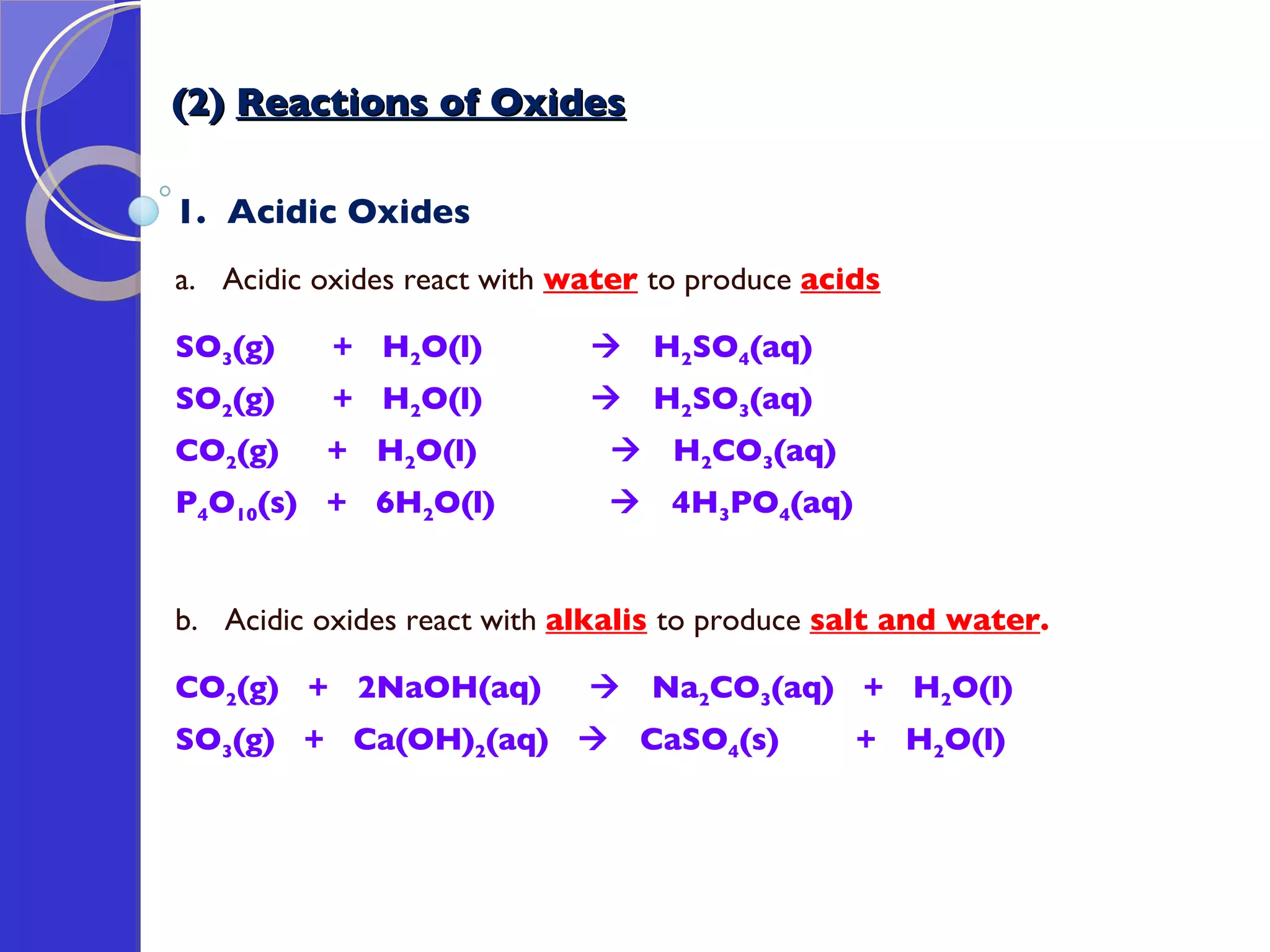 1.  Acidic Oxides a.  Acidic oxides react with  water   to produce  acids SO 3 (g)  +  H 2 O(l)       H 2 SO 4 (aq)  SO 2 (g)  +  H 2 O(l)       H 2 SO 3 (aq)  CO 2 (g)  +  H 2 O(l)     H 2 CO 3 (aq)  P 4 O 10 (s)  +  6H 2 O(l)     4H 3 PO 4 (aq) b.  Acidic oxides react with  alkalis   to produce  salt and water .  CO 2 (g)  +  2NaOH(aq)     Na 2 CO 3 (aq)  +  H 2 O(l)    SO 3 (g)  +  Ca(OH) 2 (aq)     CaSO 4 (s)  +  H 2 O(l)  (2)  Reactions of Oxides 