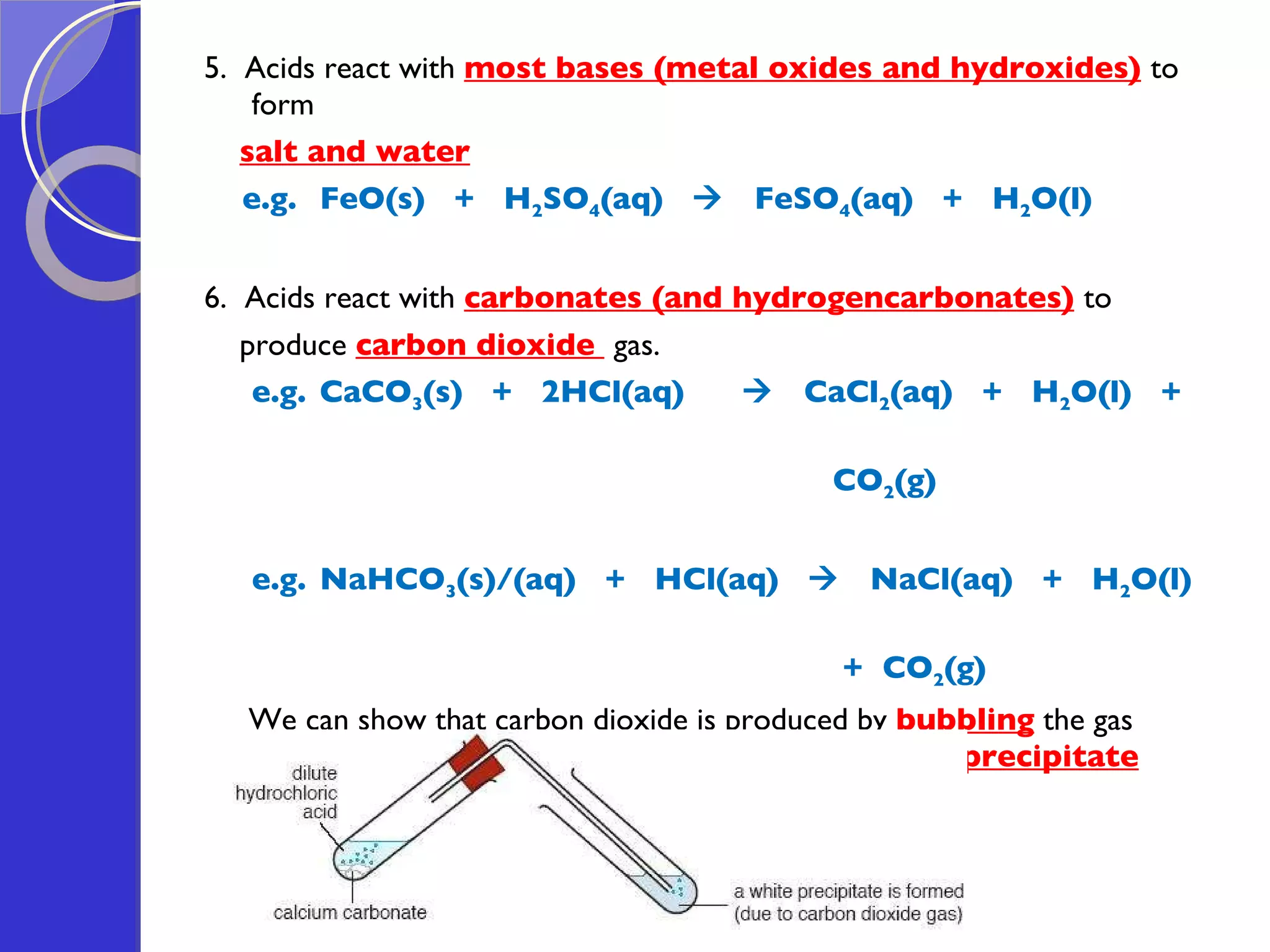 5.  Acids react with  most bases (metal oxides and hydroxides)   to form salt and water e.g. FeO(s)  +  H 2 SO 4 (aq)     FeSO 4 (aq)  +  H 2 O(l) 6.  Acids react with  carbonates (and hydrogencarbonates)   to  produce  carbon dioxide  gas. e.g. CaCO 3 (s)  +  2HCl(aq)     CaCl 2 (aq)  +  H 2 O(l)  +  CO 2 (g)  e.g. NaHCO 3 (s)/(aq)  +  HCl(aq)     NaCl(aq)  +  H 2 O(l)  +  CO 2 (g) We can show that carbon dioxide is produced by  bubbling  the gas  through limewater .  The  formation   of a  white precipitate   with  limewater  indicates the presence  