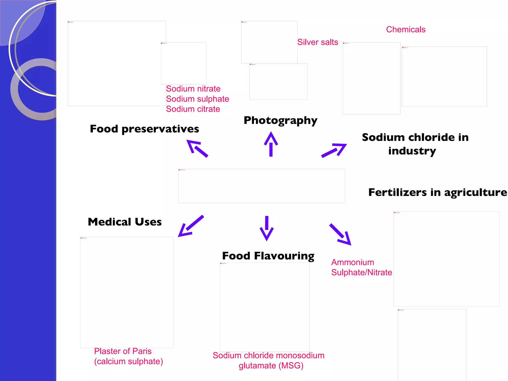 Food preservatives Sodium nitrate Sodium sulphate Sodium citrate Photography Silver salts Sodium chloride in  industry Chemicals Medical Uses Plaster of Paris (calcium sulphate) Food Flavouring Sodium chloride monosodium glutamate (MSG) Fertilizers in agriculture Ammonium  Sulphate/Nitrate 