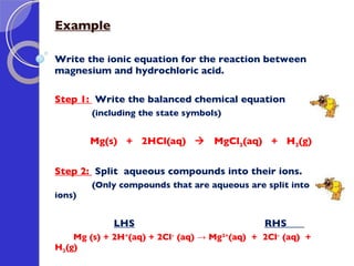 Example Write the ionic equation for the reaction between magnesium and hydrochloric acid. Step 1:  Write the balanced chemical equation (including the state symbols) Mg(s)  +  2HCl(aq)     MgCl 2 (aq)  +  H 2 (g) Step 2:  Split  aqueous compounds into their ions.  (Only compounds that are aqueous are split into ions) LHS   RHS  Mg (s) + 2H + (aq) + 2Cl -  (aq) ->  Mg 2 + (aq)  +  2Cl -  (aq)  +  H 2 (g) 