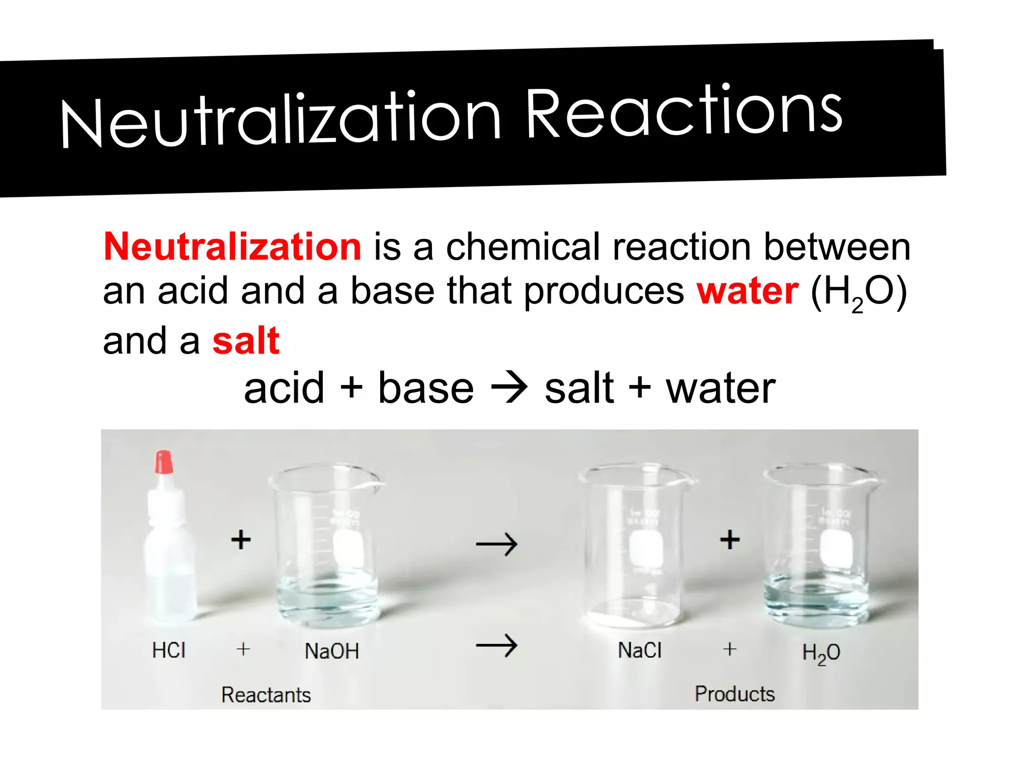 Neutralization Reactions Neutralization  is a chemical reaction between an acid and a base that produces  water  (H 2 O) and a  salt acid + base    salt + water 