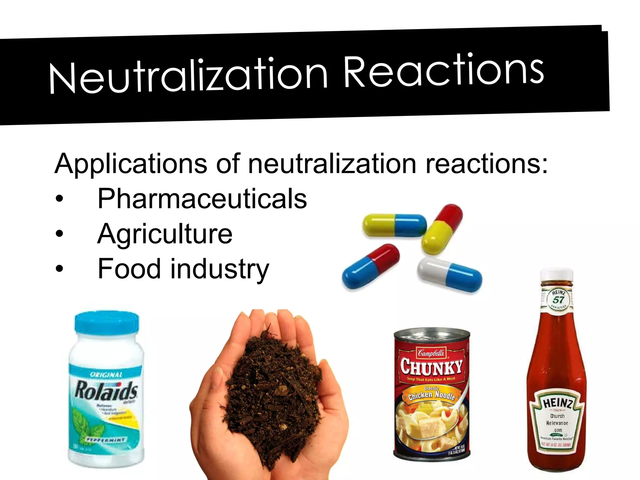 Applications of neutralization reactions: Pharmaceuticals Agriculture Food industry Neutralization Reactions 