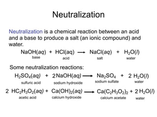 Neutralization
 Neutralization is a chemical reaction between an acid
 and a base to produce a salt (an ionic compound) and
 water.
     NaOH(aq) + HCl(aq)            NaCl(aq) + H2O(l)
             base           acid           salt                water

 Some neutralization reactions:
   H2SO4(aq) + 2 NaOH(aq)                  Na2SO4 + 2 H2O(l)
      sulfuric acid    sodium hydroxide   sodium sulfate           water

2 HC2H3O2(aq) + Ca(OH)2(aq)                Ca(C2H3O2)2 + 2 H2O(l)
     acetic acid      calcium hydroxide      calcium acetate           water
 