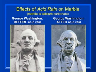 Effects of Acid Rain on Marble
        (marble is calcium carbonate)
George Washington:         George Washington:
 BEFORE acid rain            AFTER acid rain
 