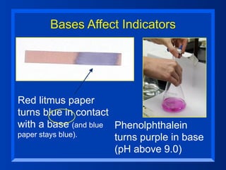Bases Affect Indicators




Red litmus paper
turns blue in contact
with a base (and blue Phenolphthalein
paper stays blue).    turns purple in base
                      (pH above 9.0)
 
