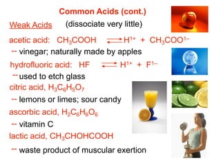 Common Acids (cont.)
Weak Acids    (dissociate very little)
acetic acid: CH3COOH            H1+ + CH3COO1–
 -- vinegar; naturally made by apples
hydrofluoric acid: HF         H1+ + F1–
 -- used to etch glass
citric acid, H3C6H5O7
-- lemons or limes; sour candy
ascorbic acid, H2C6H6O6
 -- vitamin C
lactic acid, CH3CHOHCOOH
-- waste product of muscular exertion
 