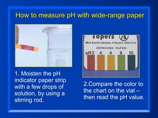 How to measure pH with wide-range paper




1. Moisten the pH
indicator paper strip
with a few drops of     2.Compare the color to
solution, by using a    the chart on the vial –
stirring rod.           then read the pH value.
 
