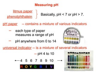 Measuring pH
         litmus paper
                            Basically, pH < 7 or pH > 7.
  phenolphthalein

pH paper      -- contains a mixture of various indicators
    --    each type of paper
          measures a range of pH
    --    pH anywhere from 0 to 14
universal indicator -- is a mixture of several indicators
                        -- pH 4 to 10
             4 5 6 7 8 9 10
             R O Y G B I V
 