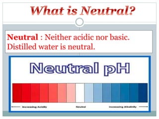 Neutral : Neither acidic nor basic.
Distilled water is neutral.
 