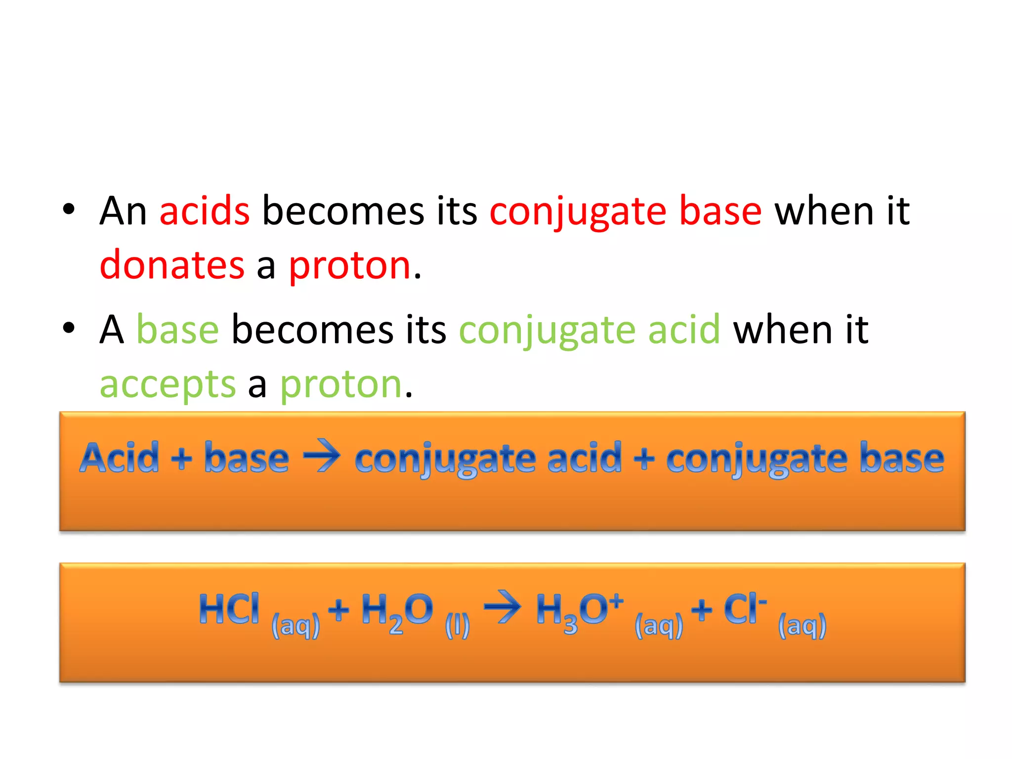 • An acids becomes its conjugate base when it
donates a proton.
• A base becomes its conjugate acid when it
accepts a proton.
 