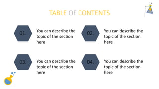 ABOUT ACIDS
You can describe the
topic of the section
here
THE BASES
You can describe the
topic of the section
here
01. 02.
TABLE OF CONTENTS
REACTIVITY
You can describe the
topic of the section
here
THE PH SCALE
You can describe the
topic of the section
here
03. 04.
 