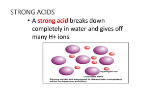 STRONG ACIDS
• A strong acid breaks down
completely in water and gives off
many H+ ions
 