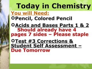 Today in Chemistry
You will Need:
Pencil, Colored Pencil
Acids and Bases Parts 1 & 2
  Should already have 4
pages 7 sides – Please staple
Test #3 Corrections &
Student Self Assessment –
Due Tomorrow up last week)
 