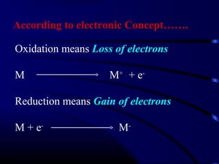 According to electronic Concept…….

Oxidation means Loss of electrons

M                   M+ + e-

Reduction means Gain of electrons

M + e-                M-
 
