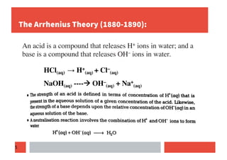 5
The Arrhenius Theory (1880-1890):
An acid is a compound that releases H+ ions in water; and a
base is a compound that releases OH– ions in water.
HCl(aq) → H+
(aq) + Cl–
(aq)
NaOH(aq) ----à OH–
(aq) + Na+
(aq)
 