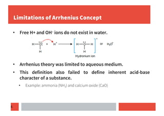 6
Limitations of Arrhenius Concept
• Free H+ and OH– ions do not exist in water.
• Arrhenius theory was limited to aqueous medium.
• This definition also failed to define inherent acid-base
character of a substance.
• Example: ammonia (NH3) and calcium oxide (CaO)
 