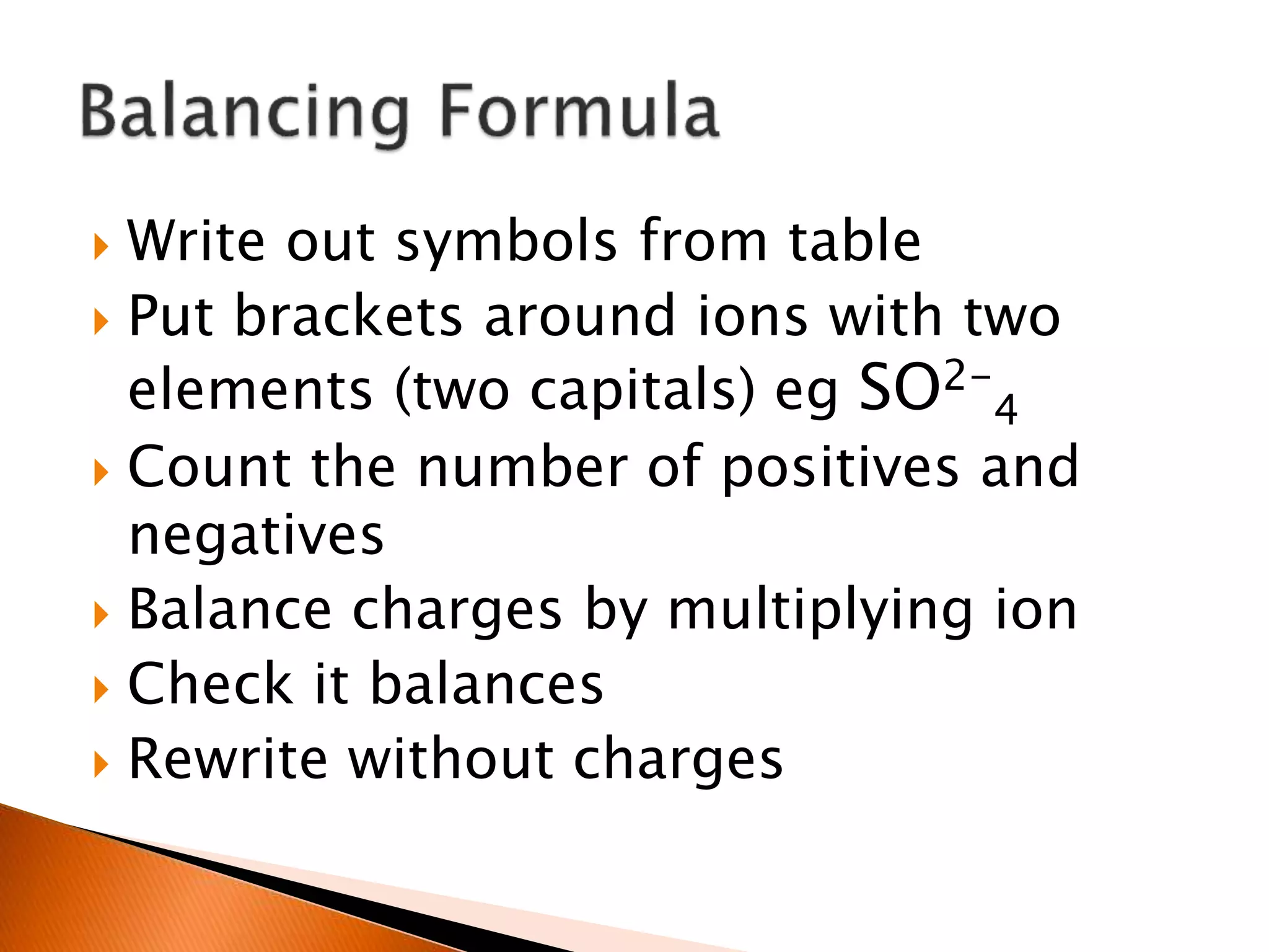  Write out symbols from table
 Put brackets around ions with two
elements (two capitals) eg SO2-
4
 Count the number of positives and
negatives
 Balance charges by multiplying ion
 Check it balances
 Rewrite without charges
 