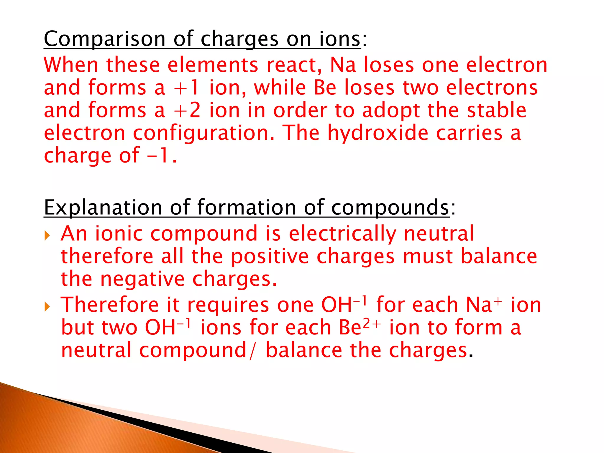 Comparison of charges on ions:
When these elements react, Na loses one electron
and forms a +1 ion, while Be loses two electrons
and forms a +2 ion in order to adopt the stable
electron configuration. The hydroxide carries a
charge of -1.
Explanation of formation of compounds:
 An ionic compound is electrically neutral
therefore all the positive charges must balance
the negative charges.
 Therefore it requires one OH-1 for each Na+ ion
but two OH-1 ions for each Be2+ ion to form a
neutral compound/ balance the charges.
 