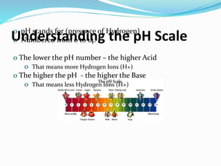 Understanding the pH Scaleo pH stands for (presence of Hydrogen)
o Numbered from 0 to 14.
o The lower the pH number – the higher Acid
o That means more Hydrogen Ions (H+)
o The higher the pH - the higher the Base
o That means less Hydrogen Ions (H+)
 
