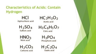 Characteristics of Acids: Contain
Hydrogen
 