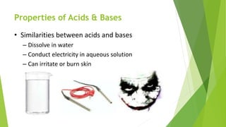 Properties of Acids & Bases
• Similarities between acids and bases
– Dissolve in water
– Conduct electricity in aqueous solution
– Can irritate or burn skin
 