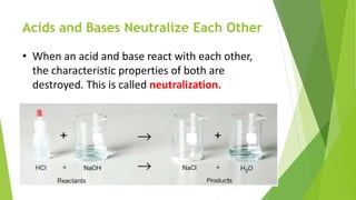 Acids and Bases Neutralize Each Other
• When an acid and base react with each other,
the characteristic properties of both are
destroyed. This is called neutralization.
 