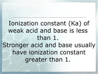 Ionization constant (Ka) of
weak acid and base is less
than 1.
Stronger acid and base usually
have ionization constant
greater than 1.
 