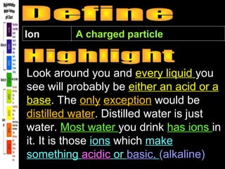 Ion

A charged particle

Look around you and every liquid you
see will probably be either an acid or a
base. The only exception would be
distilled water. Distilled water is just
water. Most water you drink has ions in
it. It is those ions which make
something acidic or basic. (alkaline)

 