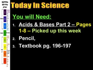 You will Need:
1.   Acids & Bases Part 2 – Pages
     1-8 – Picked up this week
2.   Pencil,
3.   Textbook pg. 196-197
 