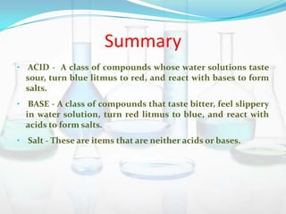 Summary
• ACID - A class of compounds whose water solutions taste

sour, turn blue litmus to red, and react with bases to form
salts.
• BASE - A class of compounds that taste bitter, feel slippery

in water solution, turn red litmus to blue, and react with
acids to form salts.
• Salt - These are items that are neither acids or bases.

 