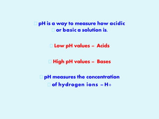 pH is a way to measure how acidic
or basic a solution is.
Low pH values = Acids
High pH values = Bases
pH measures the concentration
of hydrogen ions = H+
 