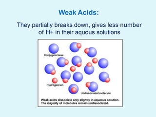 Weak Acids:
They partially breaks down, gives less number
of H+ in their aquous solutions
 