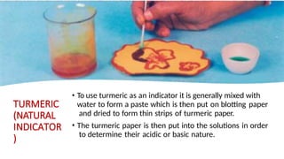 TURMERIC
(NATURAL
INDICATOR
)
• To use turmeric as an indicator it is generally mixed with
water to form a paste which is then put on blotting paper
and dried to form thin strips of turmeric paper.
• The turmeric paper is then put into the solutions in order
to determine their acidic or basic nature.
 