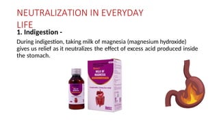 NEUTRALIZATION IN EVERYDAY
LIFE
1. Indigestion -
During indigestion, taking milk of magnesia (magnesium hydroxide)
gives us relief as it neutralizes the effect of excess acid produced inside
the stomach.
 