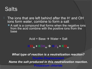 Salts
 The ions that are left behind after the H+
and OH-
ions form water, combine to form a salt
A salt is a compound that forms when the negative ions
from the acid combine with the positive ions from the
base
Acid + Base  Water + Salt
HCl(aq) + KOH(aq)  H2O(l) + KCl(aq)
What type of reaction is a neutralization reaction?
Double-Displacement
Name the salt produced in this neutralization reaction.
Potassium chloride
 