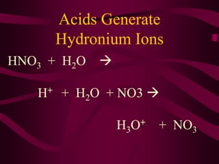 Acids Generate
Hydronium Ions
HNO3 + H2O 
H+ + H2O + NO3 
H3O+ + NO3
 