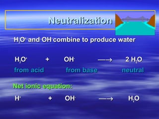 Neutralization
H3O+ and OH- combine to produce water

H3O+        +   OH-         →    2 H2O
from acid       from base        neutral

Net ionic equation:
H+          +   OH-         →     H2O
 