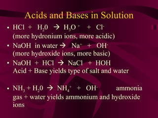 Acids and Bases in Solution HCl  +  H 2 0     H 3 O  +   +  Cl -  (more hydronium ions, more acidic) NaOH  in water     Na +   +  OH -  (more hydroxide ions, more basic) NaOH  +  HCl     NaCl  +  HOH  Acid + Base yields type of salt and water  NH 3  + H 2 0     NH 4 +   +  OH -  ammonia gas + water yields ammonium and hydroxide ions 