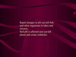 Rapid changes in pH can kill fish
and other organisms in lakes and
streams.
Soil pH is affected and can kill
plants and create sinkholes
 