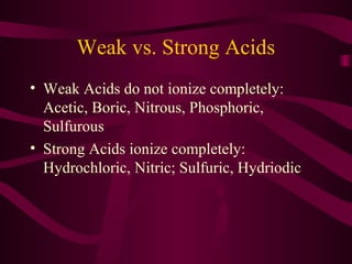 Weak vs. Strong Acids
• Weak Acids do not ionize completely:
Acetic, Boric, Nitrous, Phosphoric,
Sulfurous
• Strong Acids ionize completely:
Hydrochloric, Nitric; Sulfuric, Hydriodic
 