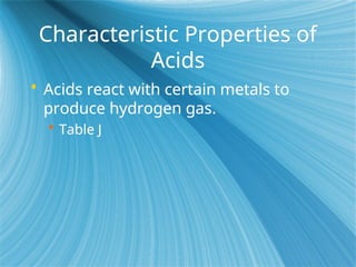 Characteristic Properties of
Acids
 Acids react with certain metals to
produce hydrogen gas.
 Table J
 