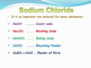 • It is an important raw material for many substances
 NaOH ………. Causti soda
 Na2CO3 ……………. Washing Soda
 NaHCO3 ……………. Baking Soda
 CaOCl2 ………. Bleaching Powder
 CaSO4.1/2H2O … Plaster of Paris
 