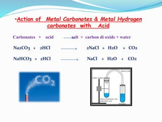 •Action of Metal Carbonates & Metal Hydrogen
carbonates with Acid
Carbonates + acid salt + carbon di oxide + water
Na2CO3 + 2HCl 2NaCl + H2O + CO2
NaHCO3 + 2HCl NaCl + H2O + CO2
 