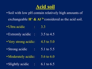 Acid soil
•Soil with low pH contain relatively high amounts of
exchangeable H+ & Al 3+considered as the acid soil.
•Ultra acidic : 3.3
•Extremly acidic : 3.5 to 4.5
•Very strong acidic: 4.5 to 5.0
•Strong acidic : 5.1 to 5.5
•Moderately acidic: 5.6 to 6.0
•Slightly acidic : 6.1 to 6.5
 