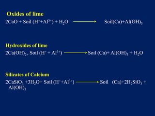 Oxides of lime
2CaO + Soil (H++Al3+) + H2O Soil(Ca)+Al(OH)3
Hydroxides of lime
2Ca(OH)2+ Soil (H+ + Al3+) Soil (Ca)+ Al(OH)3 + H2O
Silicates of Calcium
2CaSiO3 +3H2O+ Soil (H++Al3+) Soil (Ca)+2H2SiO3 +
Al(OH)3
 
