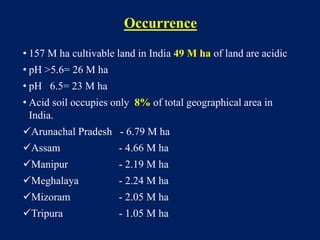 Occurrence
• 157 M ha cultivable land in India 49 M ha of land are acidic
• pH >5.6= 26 M ha
• pH 6.5= 23 M ha
• Acid soil occupies only 8% of total geographical area in
India.
Arunachal Pradesh - 6.79 M ha
Assam - 4.66 M ha
Manipur - 2.19 M ha
Meghalaya - 2.24 M ha
Mizoram - 2.05 M ha
Tripura - 1.05 M ha
 