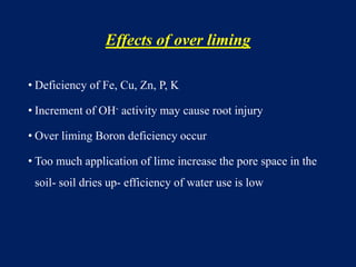 Effects of over liming
• Deficiency of Fe, Cu, Zn, P, K
• Increment of OH- activity may cause root injury
• Over liming Boron deficiency occur
• Too much application of lime increase the pore space in the
soil- soil dries up- efficiency of water use is low
 